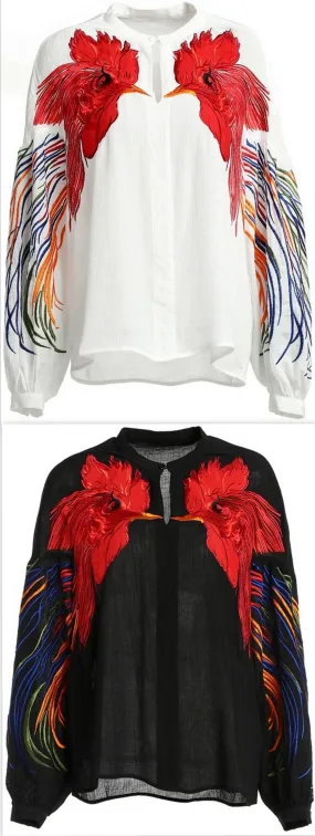 Embroidered Silk Blouse, White or Black