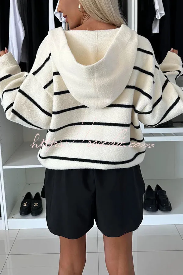 Fashion and Comfort Knit Striped Button Up Pocketed Loose Hooded Cardigan