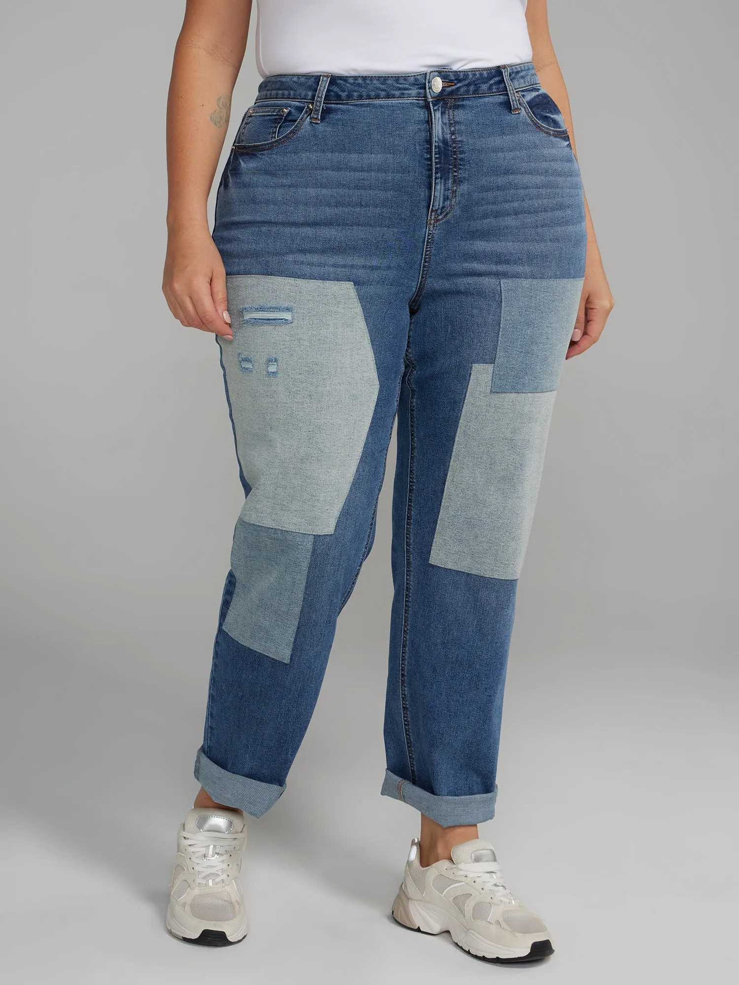 Fashion To Figure - High Rise Patchwork Straight Leg Jeans