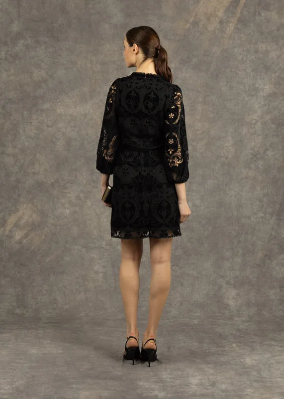 Fee G Serena Black Lace Sleeve Belted Mini Dress