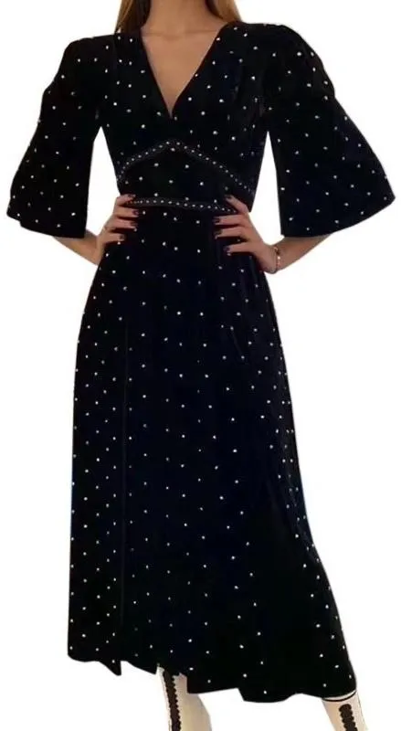 Flutter-Sleeve Studded Velvet V-Neck Dress