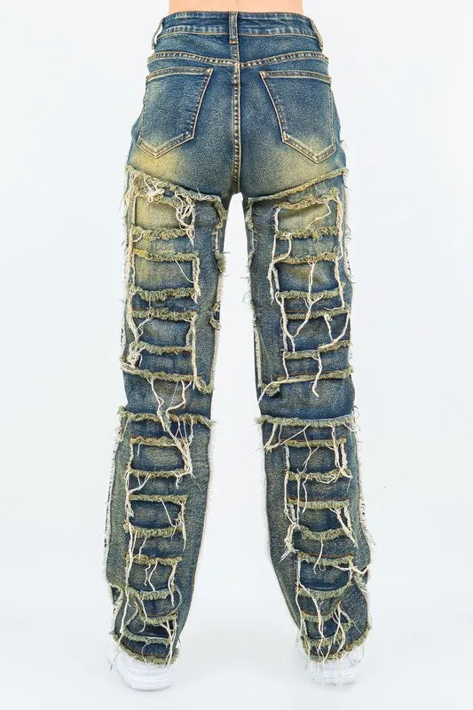 Frayed Edge Patchwork Washed Jeans