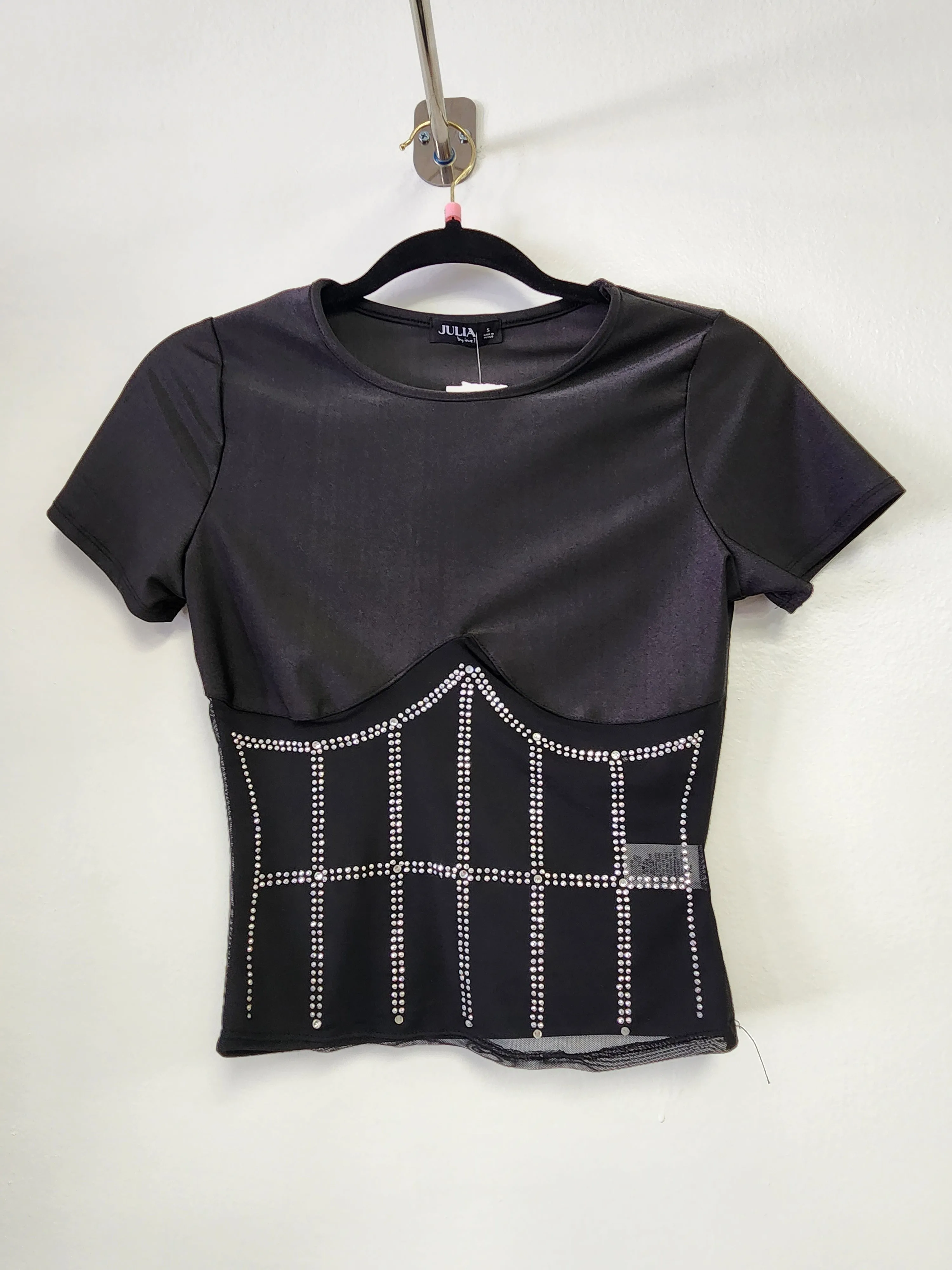 Front Studs Embellished Contrast Mesh Top