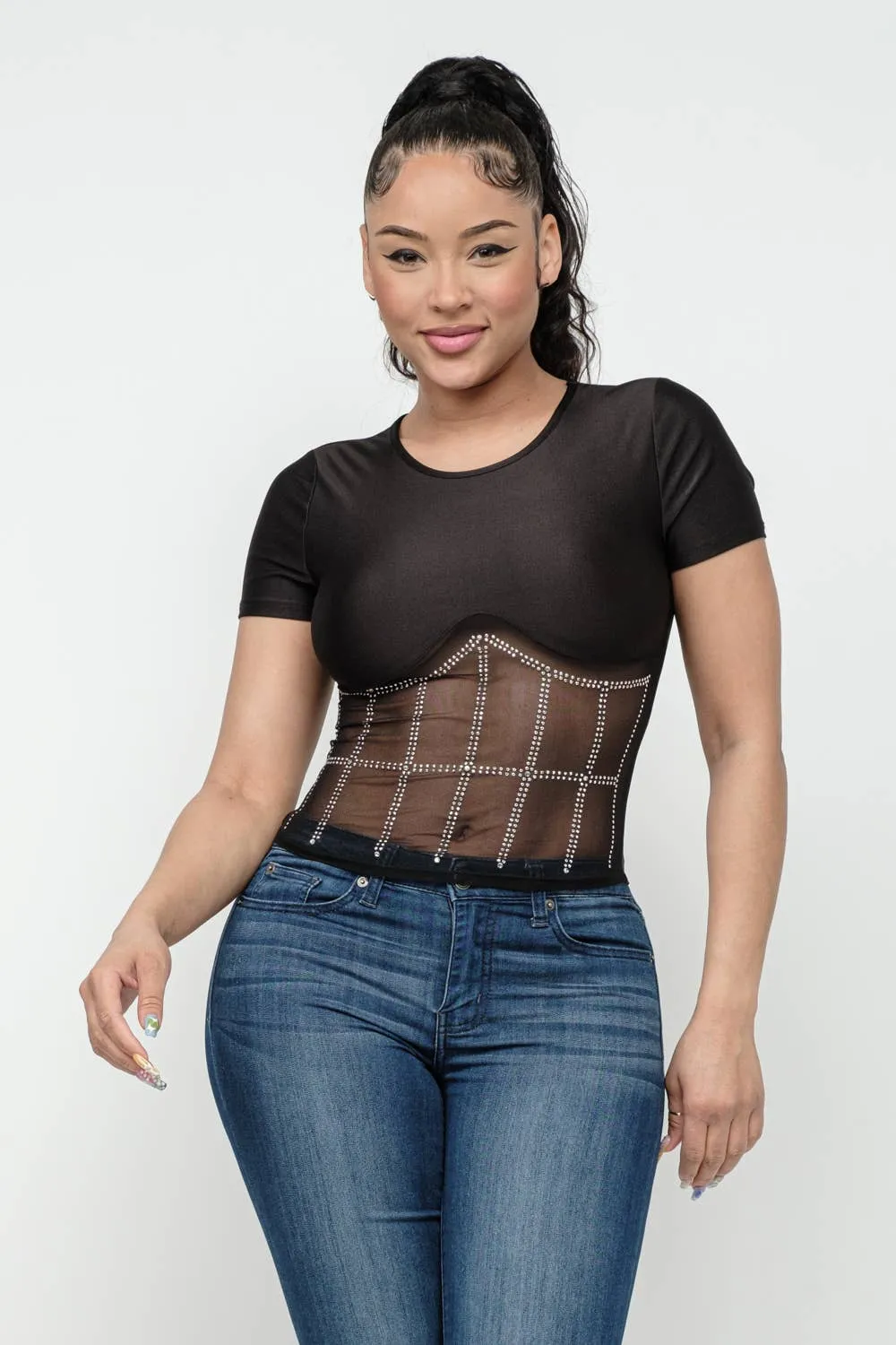 Front Studs Embellished Contrast Mesh Top