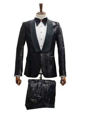 Giovanni Testi 2 Button Slim Fit Shawl Lapel Sequin Suit GT1S-2008 Black