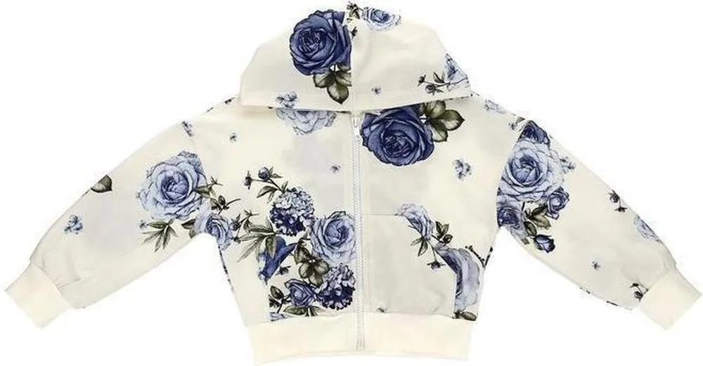 Girls Ivory & Blue Floral Zip up Hoodie