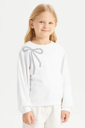 Girls White Bow Embellished T-Shirt