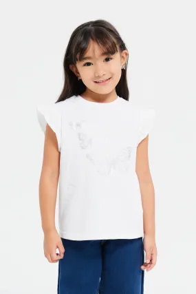 Girls White Butterfly Embellished T-Shirt