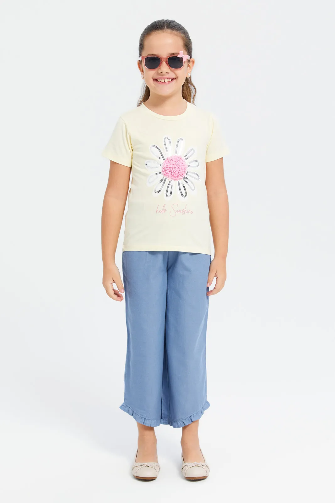 Girls Yellow Embellished T-Shirt