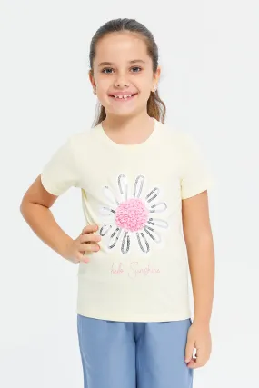 Girls Yellow Embellished T-Shirt