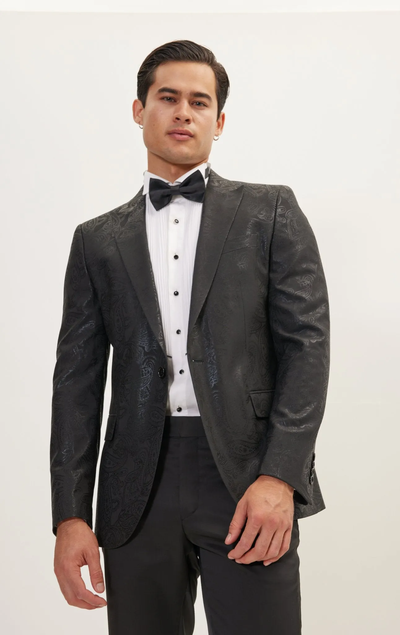 GLITTER PAISLEY PEAK LAPEL TUXEDO JACKET - BLACK