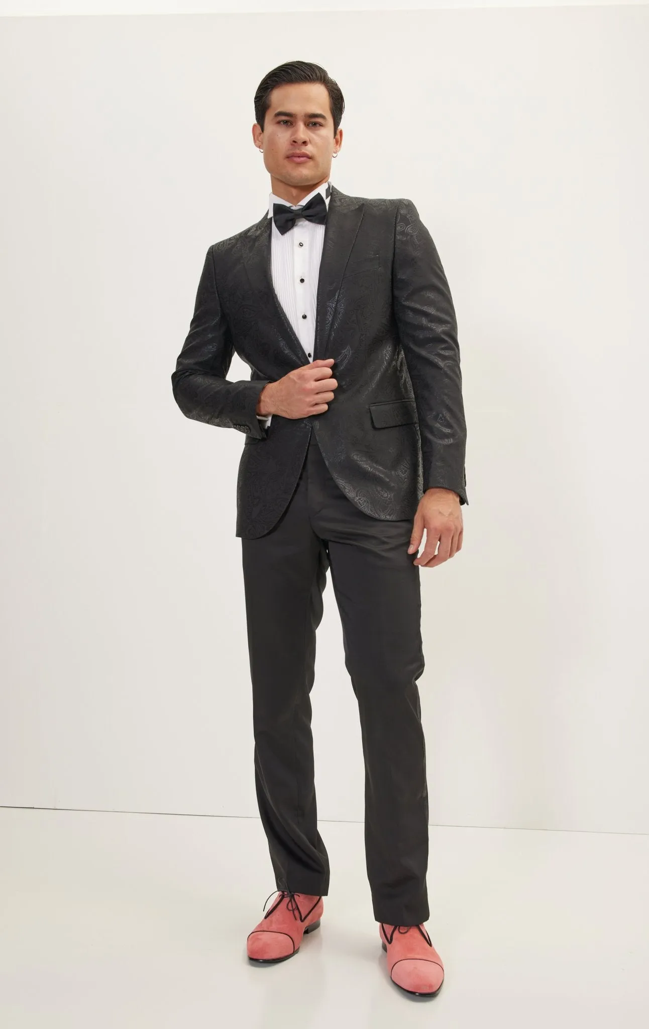 GLITTER PAISLEY PEAK LAPEL TUXEDO JACKET - BLACK