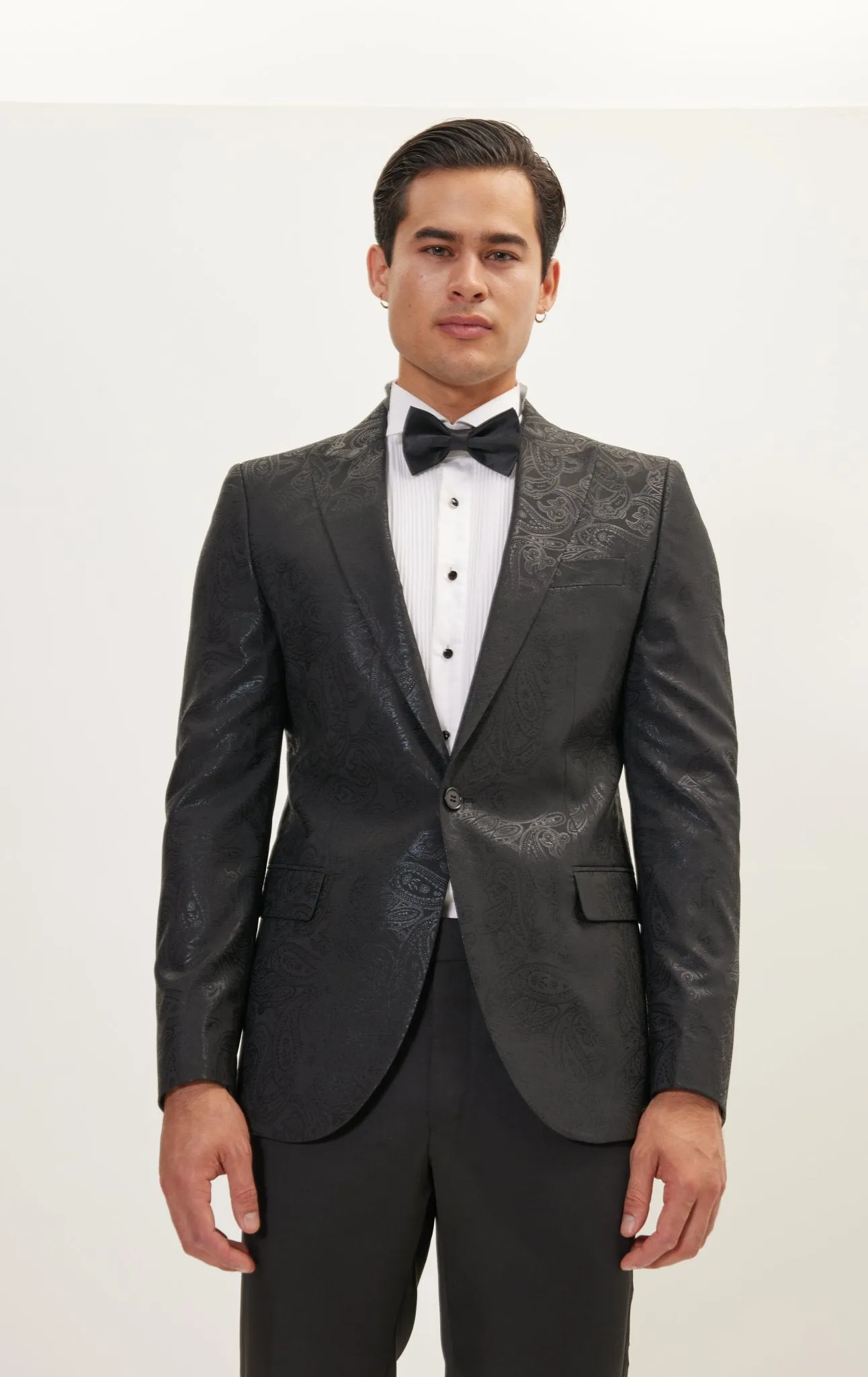 GLITTER PAISLEY PEAK LAPEL TUXEDO JACKET - BLACK