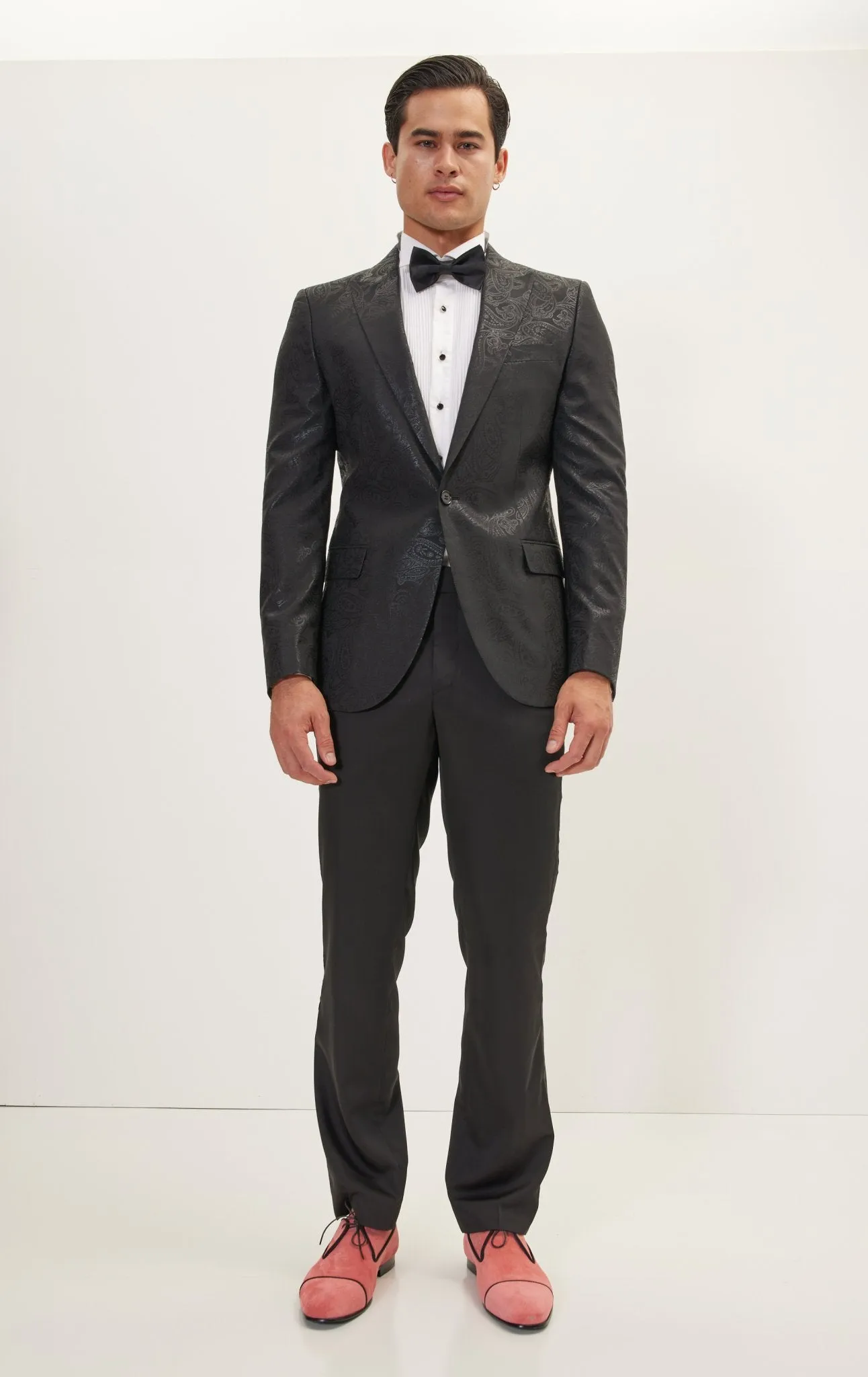 GLITTER PAISLEY PEAK LAPEL TUXEDO JACKET - BLACK