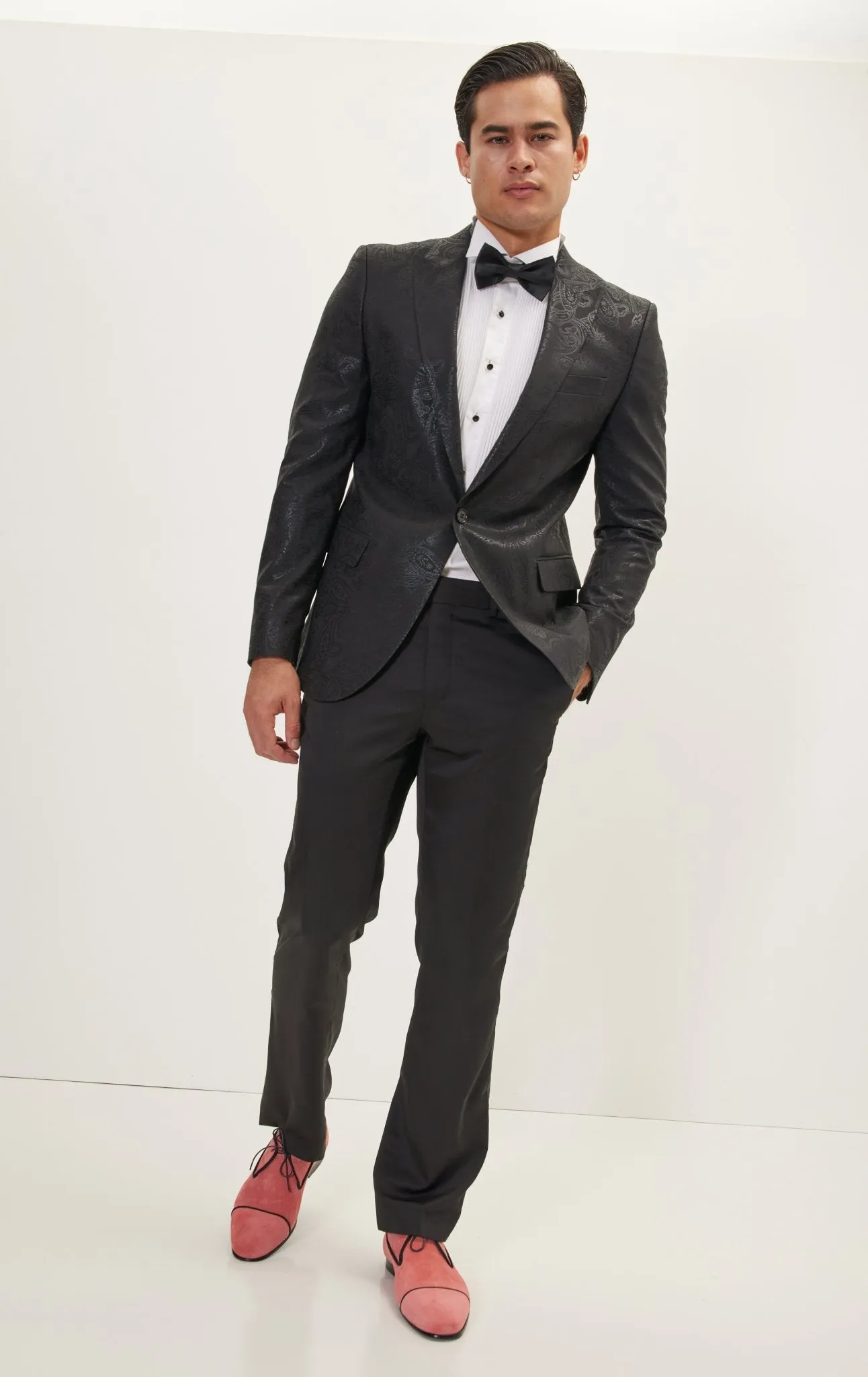 GLITTER PAISLEY PEAK LAPEL TUXEDO JACKET - BLACK