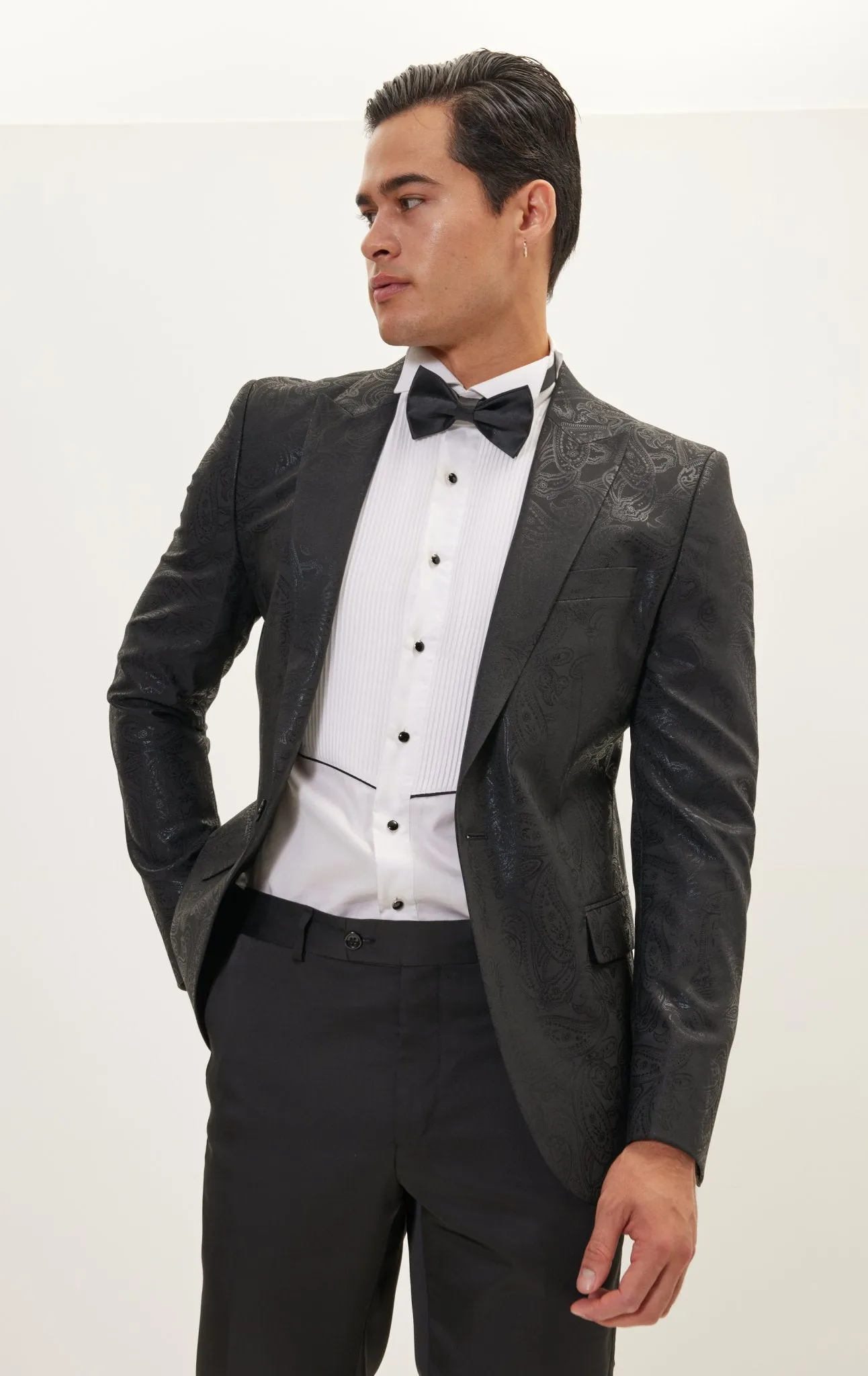 GLITTER PAISLEY PEAK LAPEL TUXEDO JACKET - BLACK