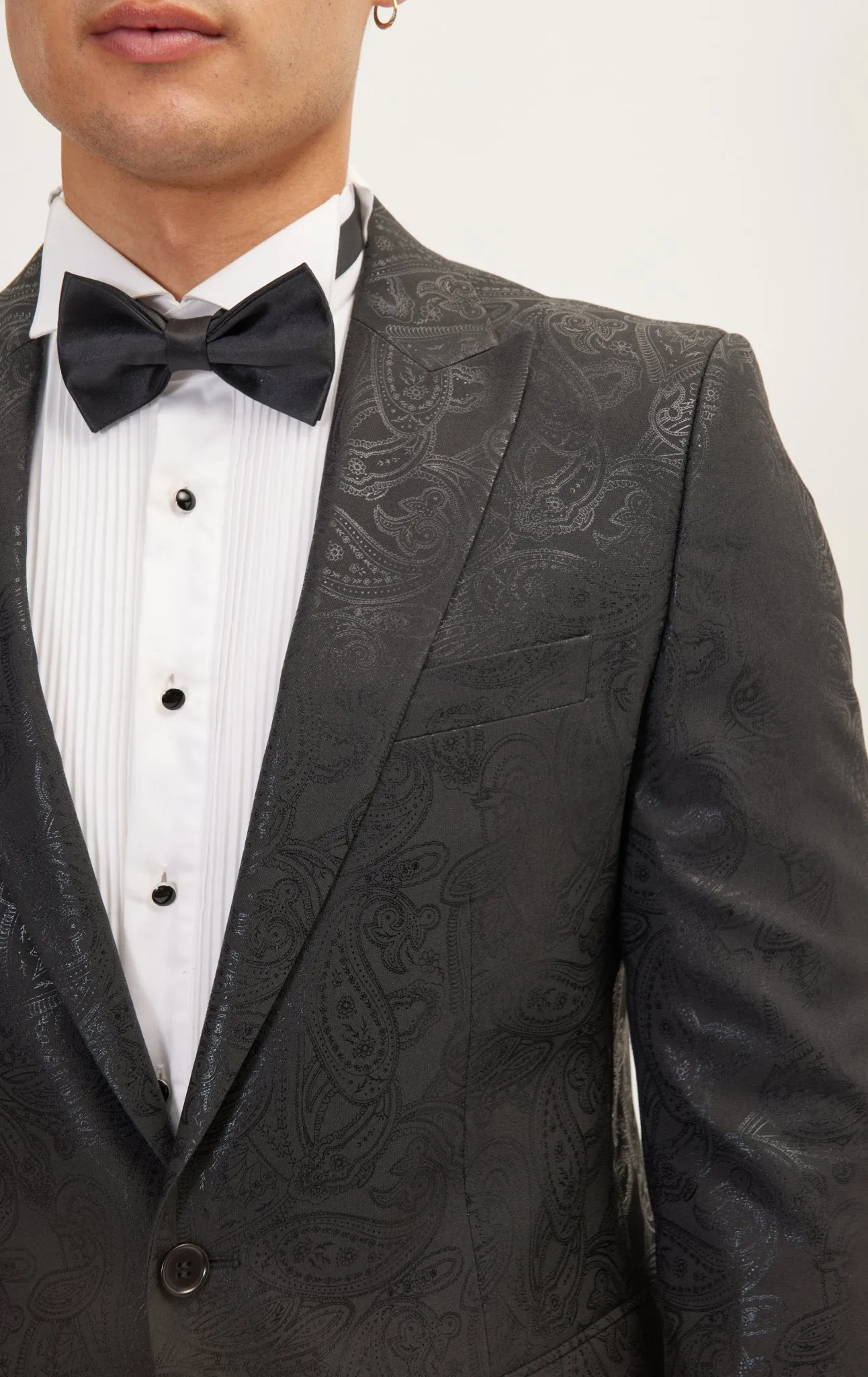 GLITTER PAISLEY PEAK LAPEL TUXEDO JACKET - BLACK