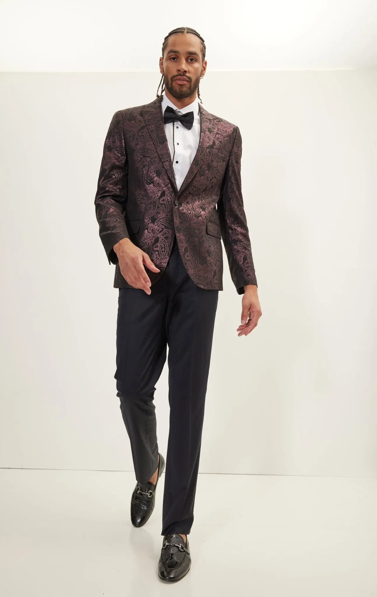 Glitter Paisley Peak Tuxedo Jacket - Burgundy