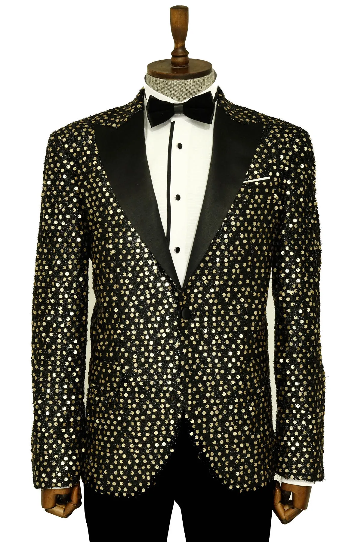 Golden Sequin Peak Lapel Tuxedo Jacket with Black Pants - Groom Party Look