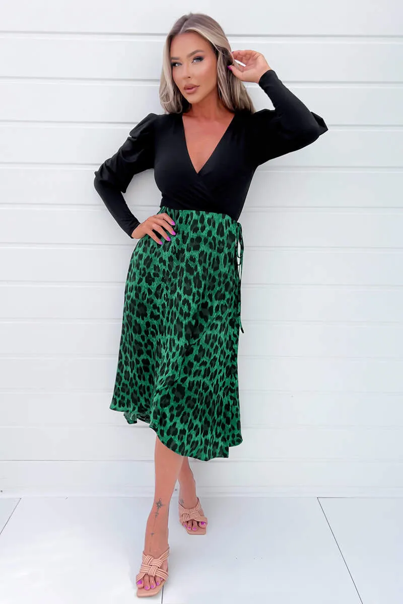 Green And Black Animal Print 2 In 1 Long Sleeve Wrap Midi Dress