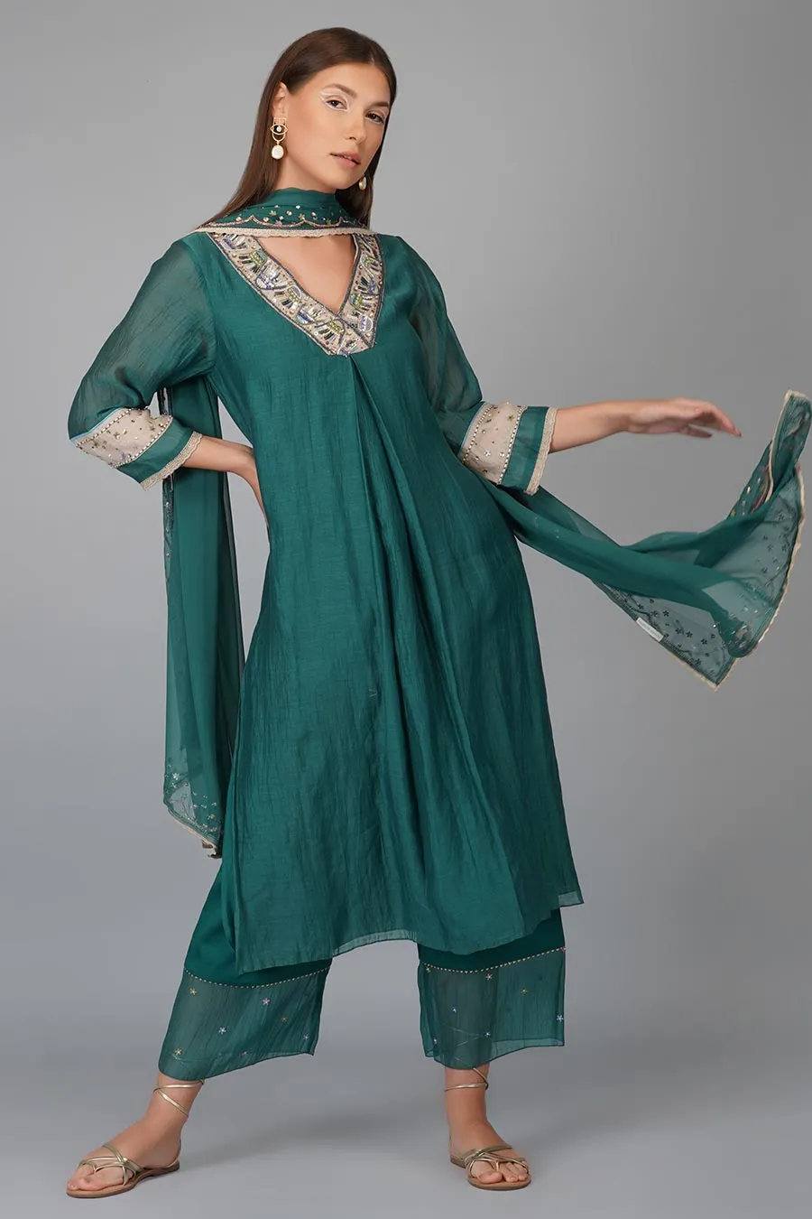 Green Sequin Work Kurta Set