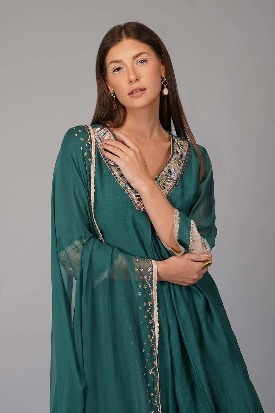 Green Sequin Work Kurta Set