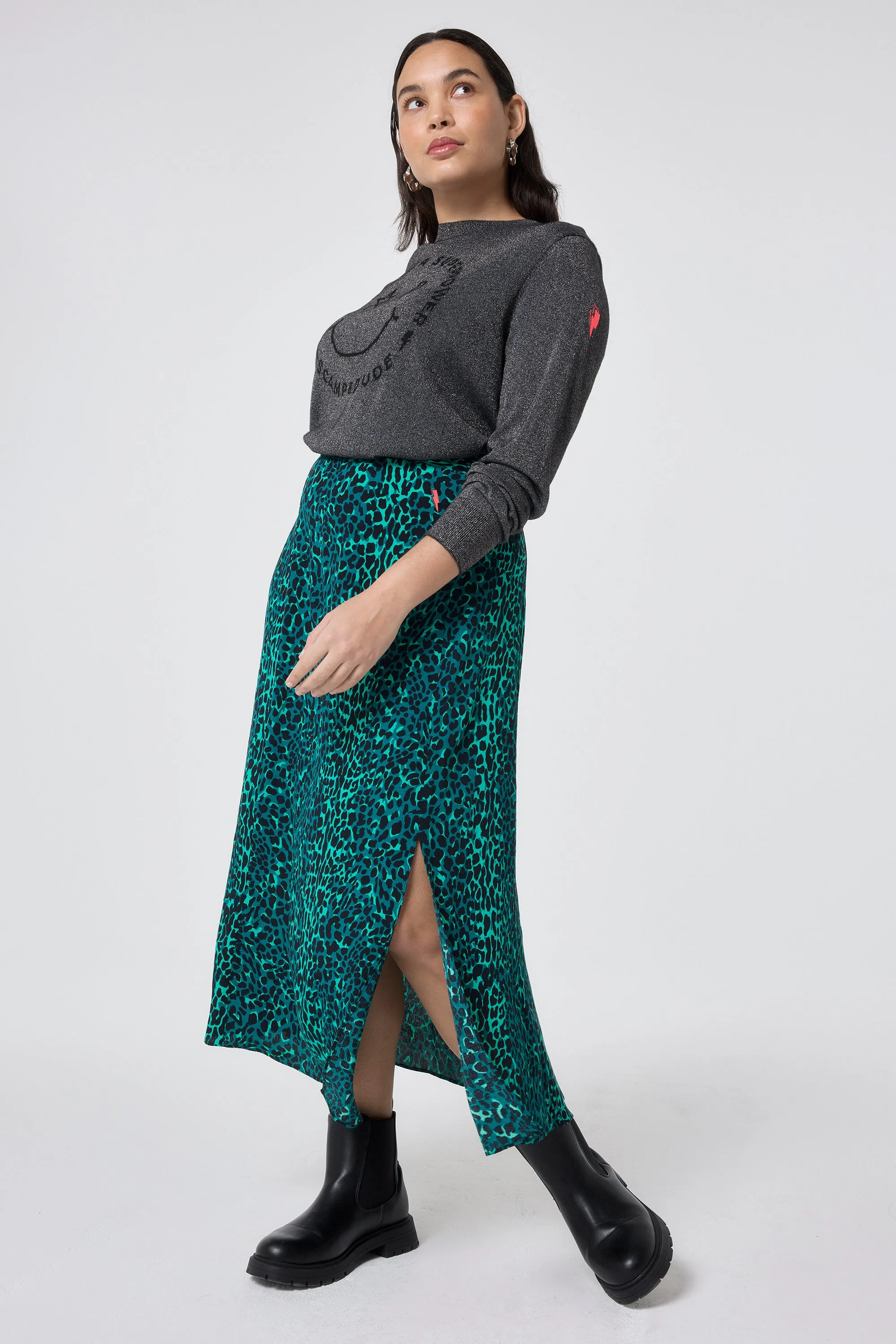 Green with Black Wild Leopard Side Split Skirt