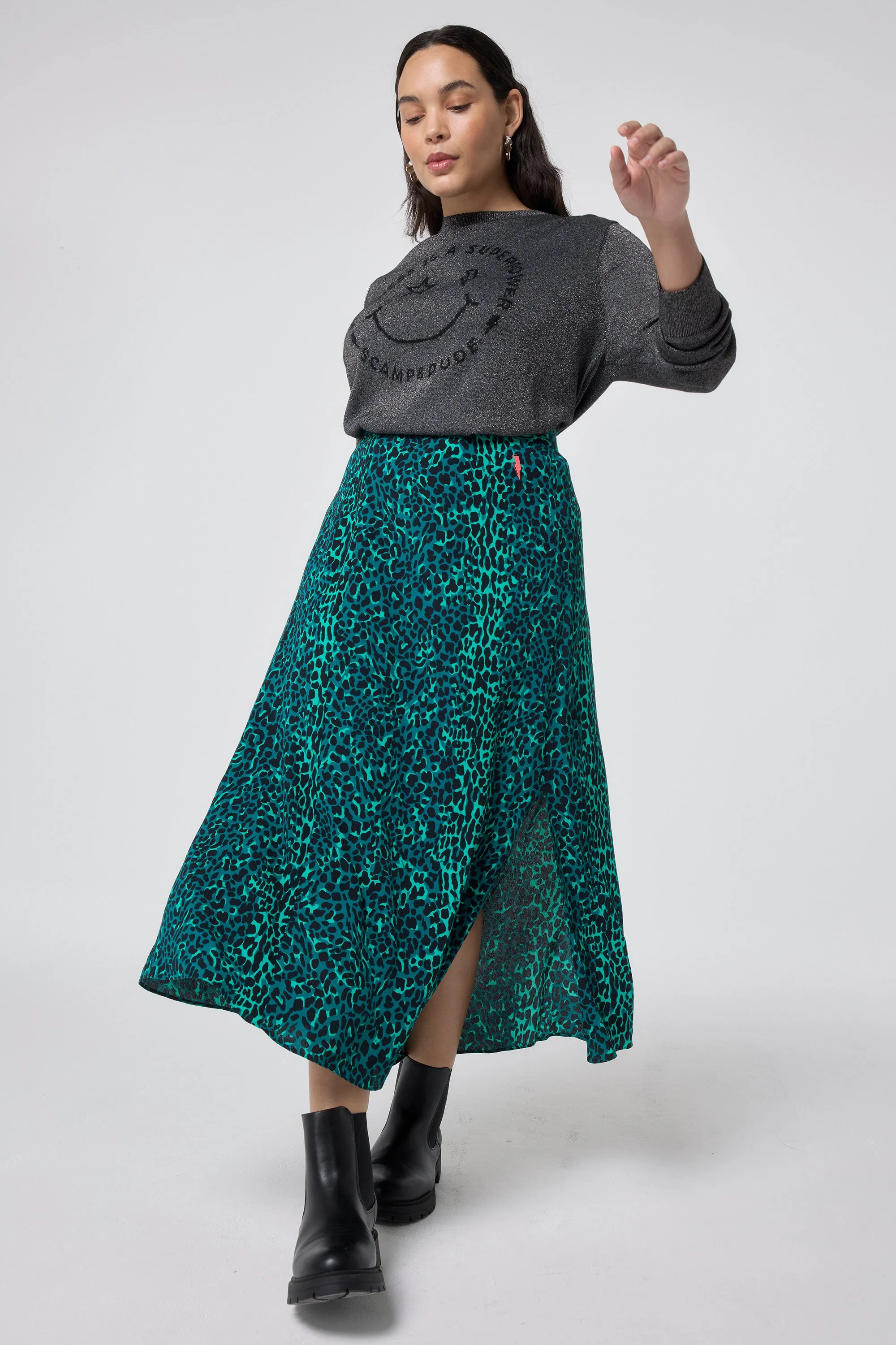 Green with Black Wild Leopard Side Split Skirt