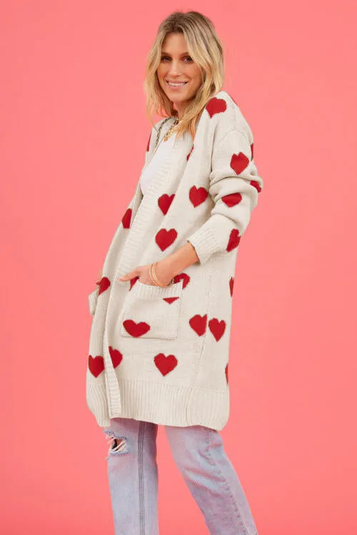 Heart Graphic Open Front Cardigan with Pockets - 4 Colors