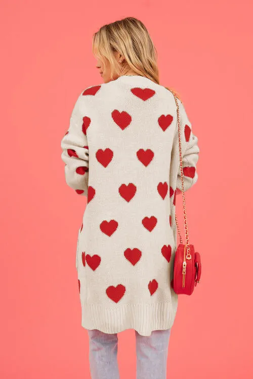 Heart Graphic Open Front Cardigan with Pockets - 4 Colors