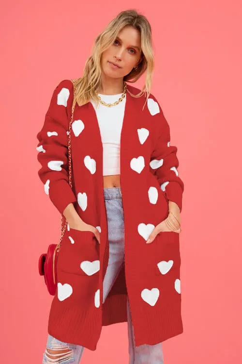 Heart Graphic Open Front Cardigan with Pockets - 4 Colors