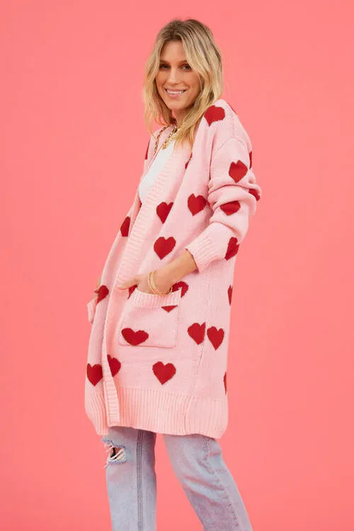 Heart Graphic Open Front Cardigan with Pockets - 4 Colors