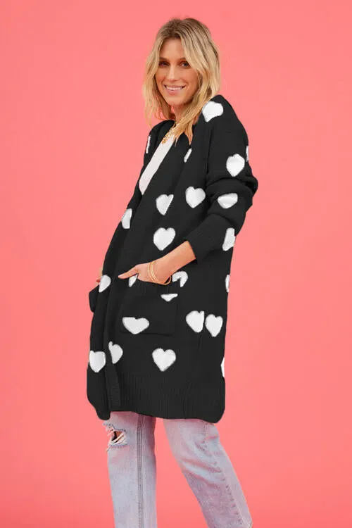 Heart Graphic Open Front Cardigan with Pockets - 4 Colors