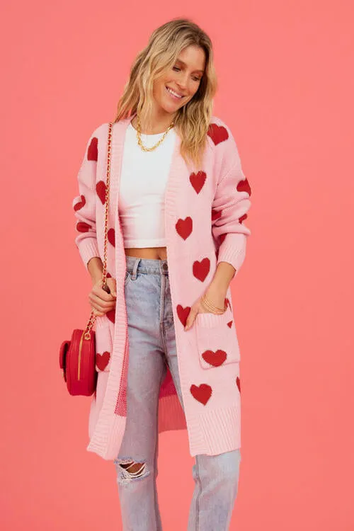 Heart Graphic Open Front Cardigan with Pockets - 4 Colors