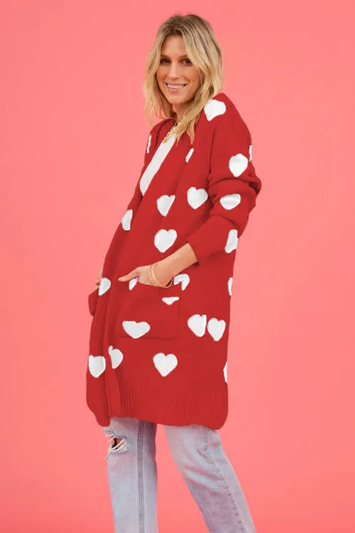 Heart Graphic Open Front Cardigan with Pockets - 4 Colors