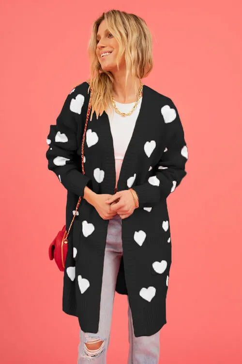 Heart Graphic Open Front Cardigan with Pockets - 4 Colors