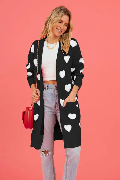 Heart Graphic Open Front Cardigan with Pockets - 4 Colors