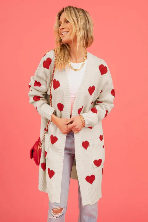 Heart Graphic Open Front Cardigan with Pockets - 4 Colors