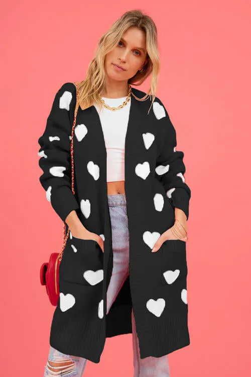 Heart Graphic Open Front Cardigan with Pockets - 4 Colors