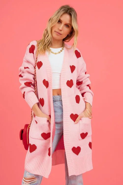 Heart Graphic Open Front Cardigan with Pockets - 4 Colors