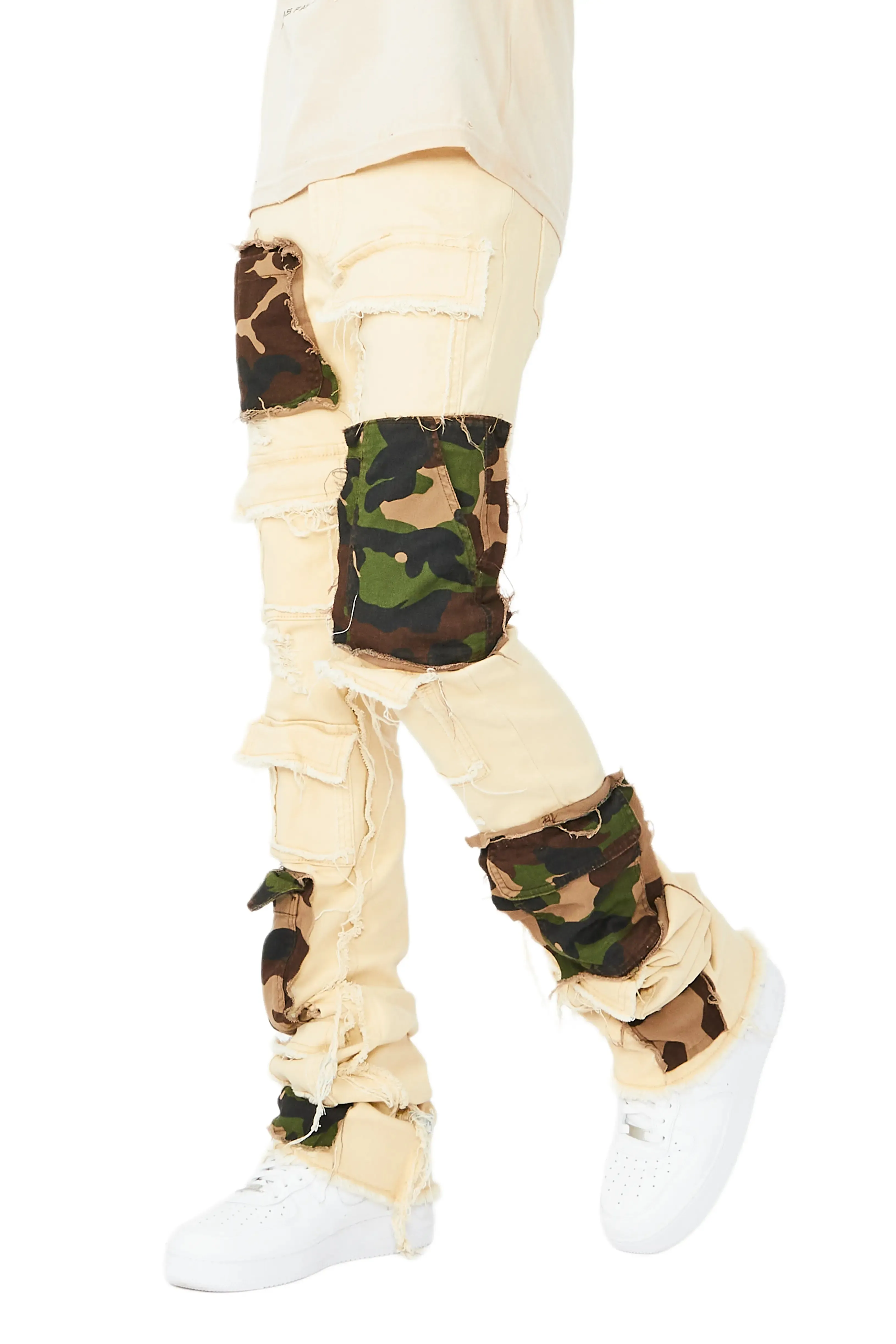 Heath Beige/Camo Patchwork Super Stacked Flare Jean