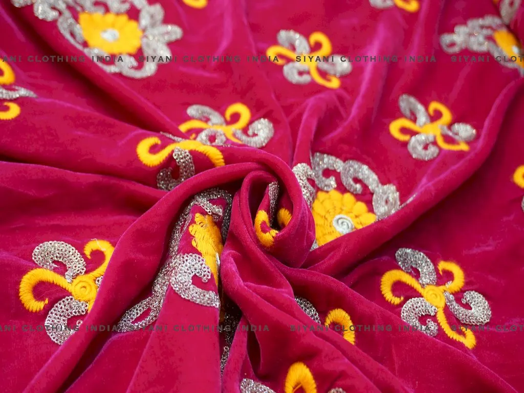 Hot Pink Zari And Thread Embroidered Velvet Fabric