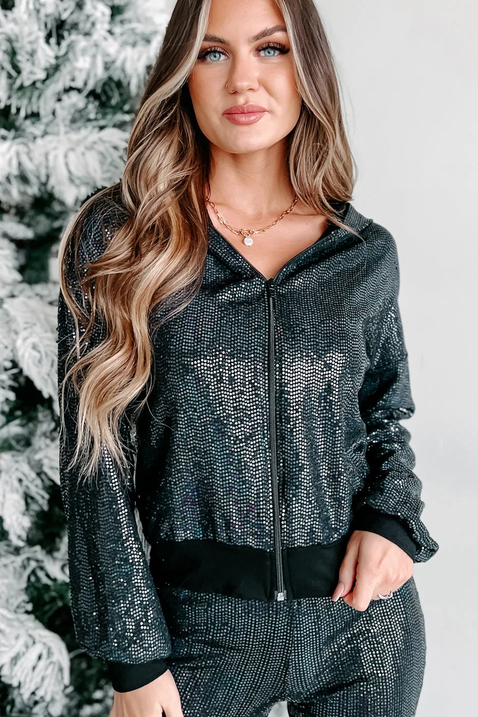 Keeping It Sparkly Long Sleeve Hoodie (Black)