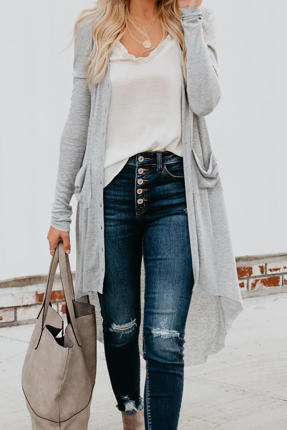 Light Gray Selected Button Down Pocketed Knit High Low Long Cardigan