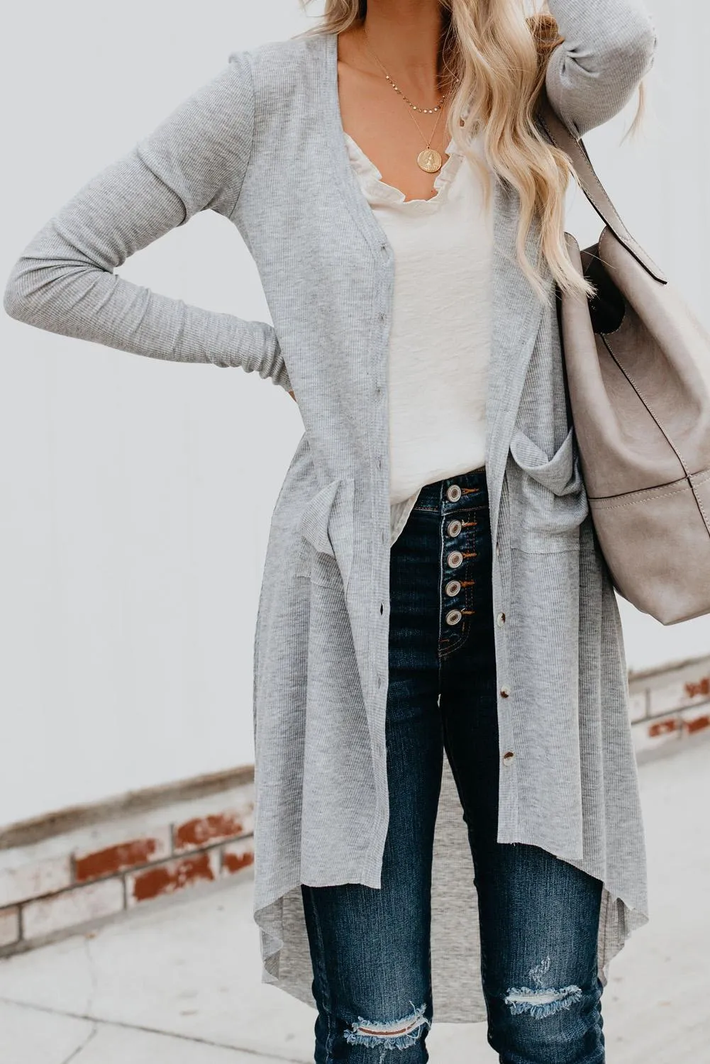 Light Gray Selected Button Down Pocketed Knit High Low Long Cardigan