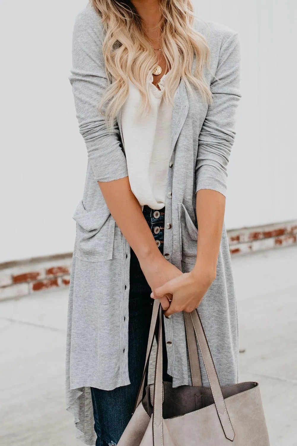 Light Gray Selected Button Down Pocketed Knit High Low Long Cardigan