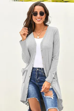 Light Gray Selected Button Down Pocketed Knit High Low Long Cardigan