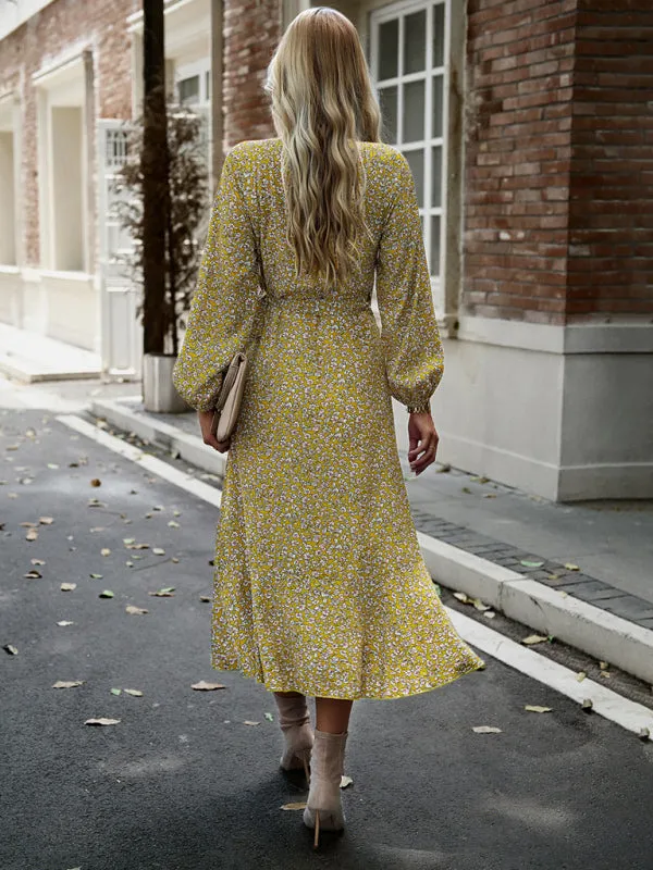 Long-Sleeve Floral Wrap Midi Dress