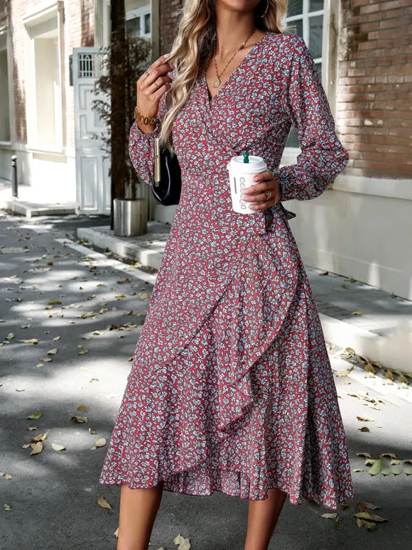 Long-Sleeve Floral Wrap Midi Dress