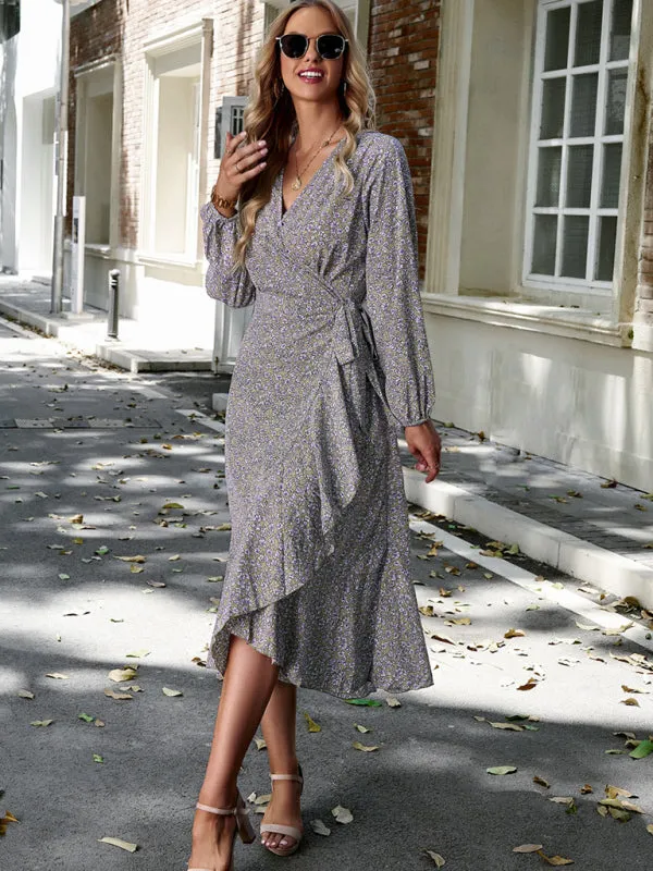 Long-Sleeve Floral Wrap Midi Dress